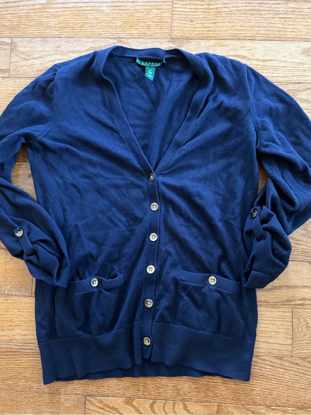 Vintage Lauren Ralph Lauren Cardigan Navy with gold buttons 100% Cotton 3/4 Slee